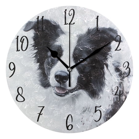 WOBOGO Cute Border Collie Wall Clock 10in Silent Mechanism Battery Operated Retro Style for Living Room Bedroom and Kitchen Black Pointer
