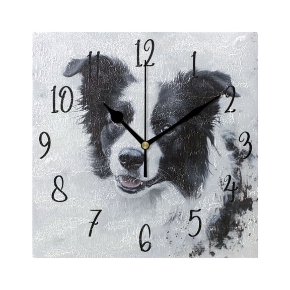 WOBOGO Cute Border Collie Wall Clock 7.78 Inch Battery Operated Silent Unit Square Rustic Vintage Style for Home Bedroom Office Black Pointer
