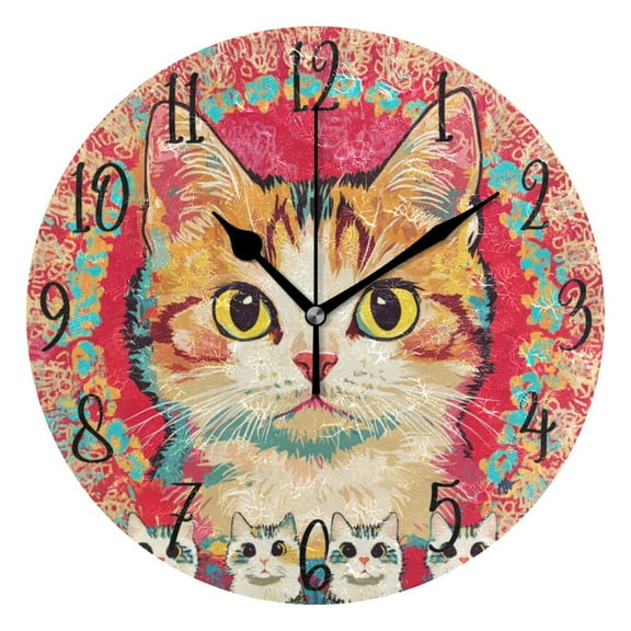 WOBOGO Cute Calico Cat Wall Clock 10in Silent Mechanism Battery Operated Retro Style for Living Room Bedroom and Kitchen Black Pointer
