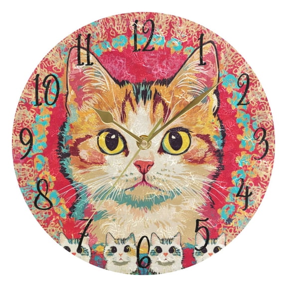 WOBOGO Cute Calico Cat Wall Clock 10in Silent Mechanism Battery Operated Retro Style for Living Room Bedroom and Kitchen Gold Pointer