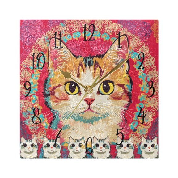 WOBOGO Cute Calico Cat Wall Clock 7.78 Inch Battery Operated Silent Unit Square Rustic Vintage Style for Home Bedroom Office Gold Pointer
