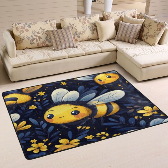 WOBOGO Cute Cartoon Bumble Bee Pattern Carpet Non-Slip Rugs Soft Doormat 36×24in Living Dining Room Bedroom Decorative