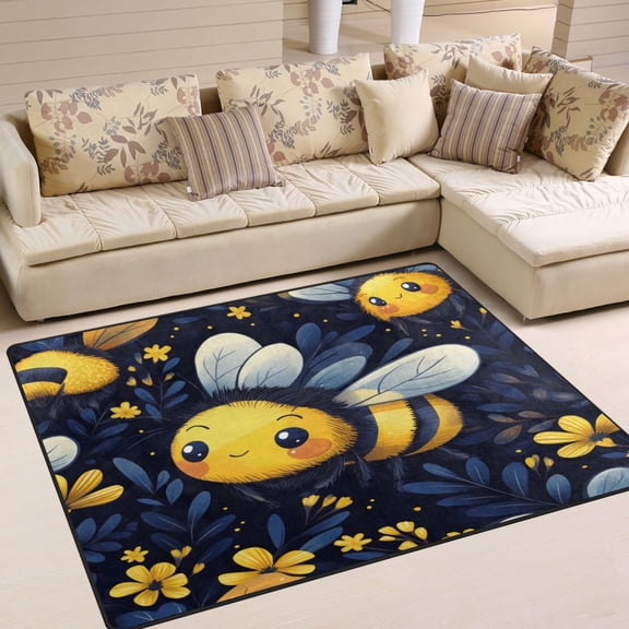 WOBOGO Cute Cartoon Bumble Bee Pattern Carpet Non-Slip Rugs Soft Doormat 63×48in Living Dining Room Bedroom Decorative
