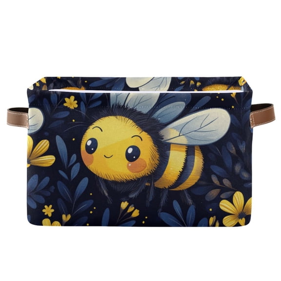 WOBOGO Cute Cartoon Bumble Bee Pattern Square Storage Basket with Waterproof Canvas and PE Lining Durable PU Leather Handles 14.2×10.2×8.3in