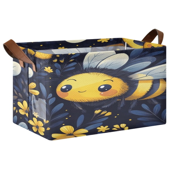 WOBOGO Cute Cartoon Bumble Bee Pattern Storage Basket 16.9×11.4×10in Collapsible Oversized with Metal Iron Frame Set of 1