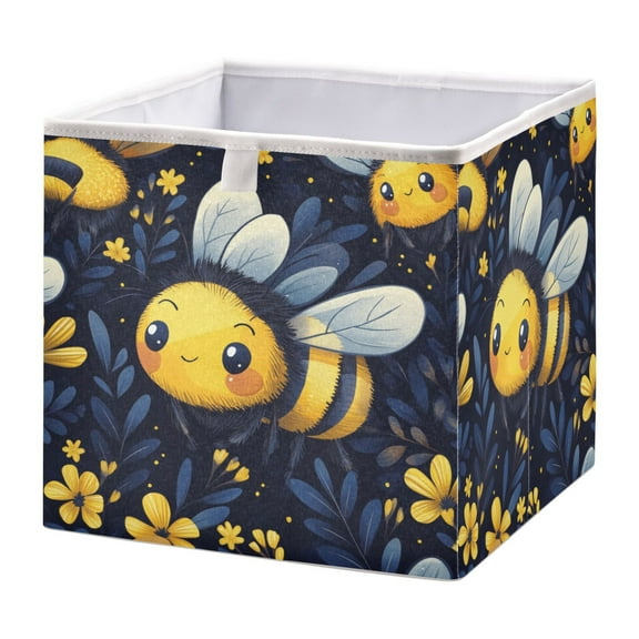 WOBOGO Cute Cartoon Bumble Bee Pattern Storage Basket Foldable Easy to Clean Durable with Hollow Support Plate with Handle 11.02×11.02×11.02 in
