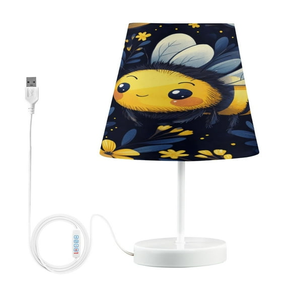 WOBOGO Cute Cartoon Bumble Bee Pattern Table Lamps Bedroom 3-Speed Dimmable Farm Style with Fabric Shade for Reading and Home Office