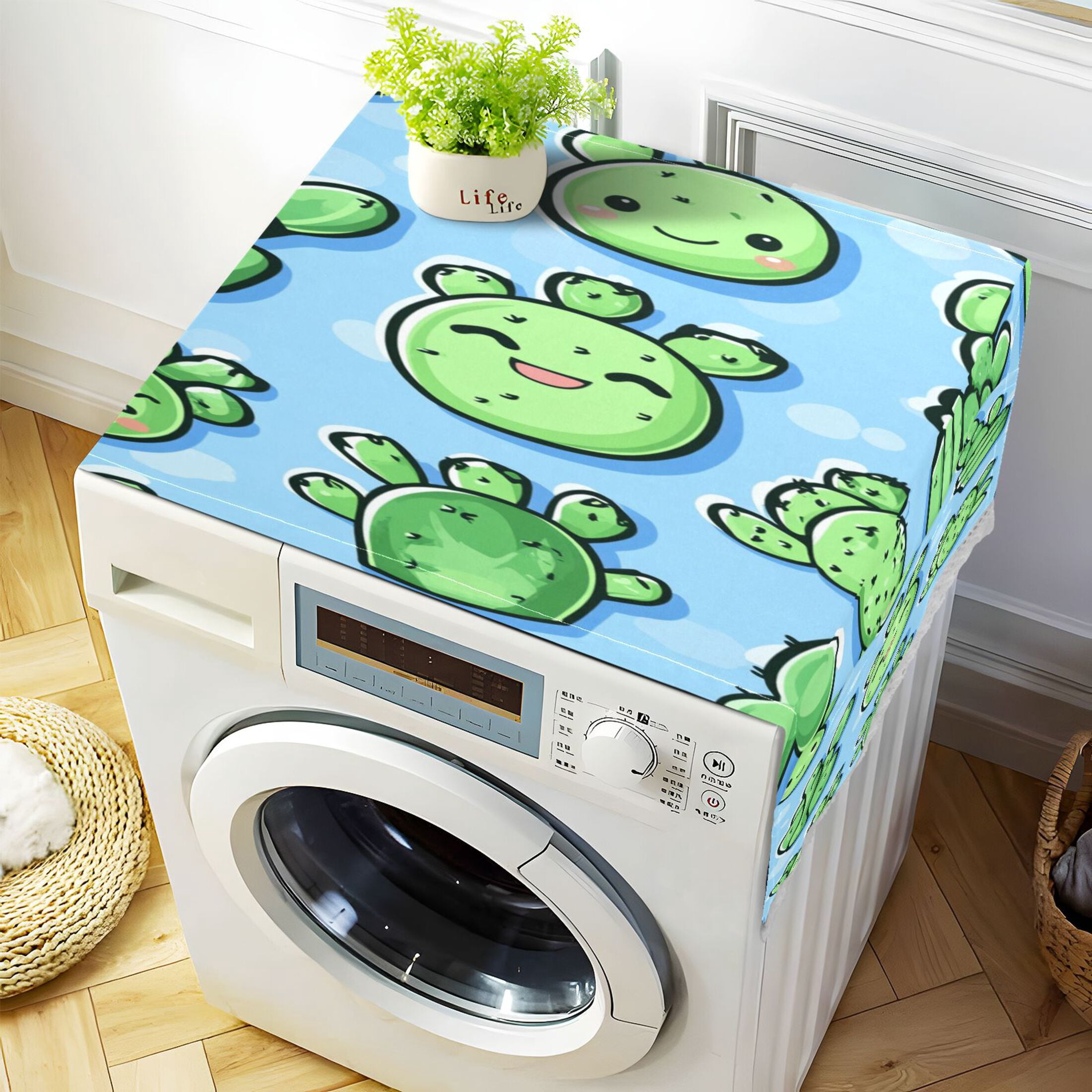 WOBOGO Cute Cartoon Cactus on Blue Background Washing Machine Cloth Dryer Refrigerator Top Cover Protective Non-Slip Mat For Kitchen Laundry