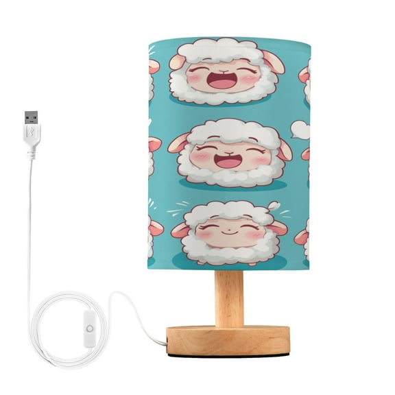 WOBOGO Cute Cartoon Fuffy Sheep Bedroom Table Lamp USB Power Connector Wooden Base Round Linen Shade For Living Room Desk