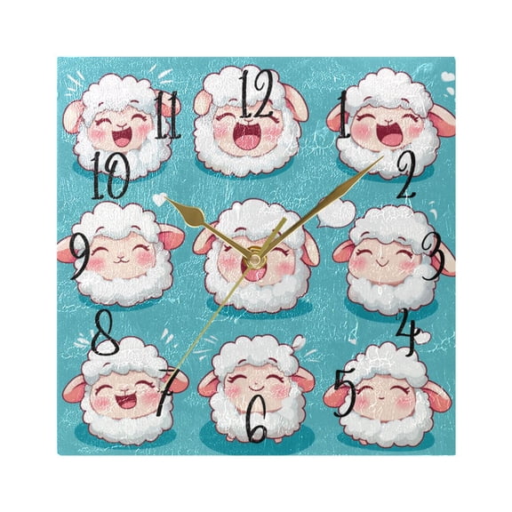 WOBOGO Cute Cartoon Fuffy Sheep Wall Clock 7.78 Inch Battery Operated Silent Unit Square Rustic Vintage Style for Home Bedroom Office Gold Pointer