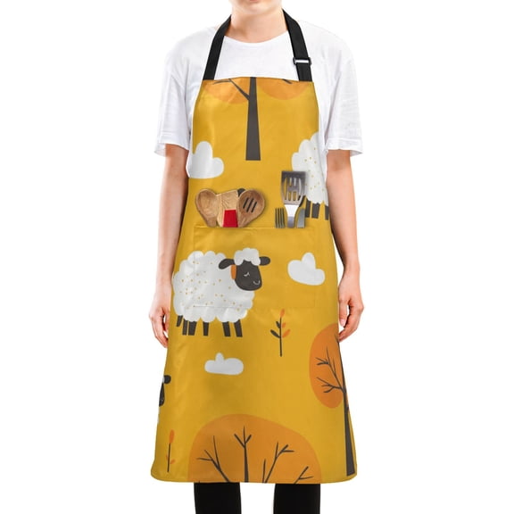 WOBOGO Cute Cartoon Sheep Long Apron Waterdrop Resistant with 2 Pockets Cooking Kitchen Chef Apron for Women Men