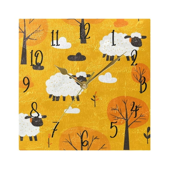 WOBOGO Cute Cartoon Sheep Wall Clock 7.78 Inch Battery Operated Silent Unit Square Rustic Vintage Style for Home Bedroom Office Gold Pointer
