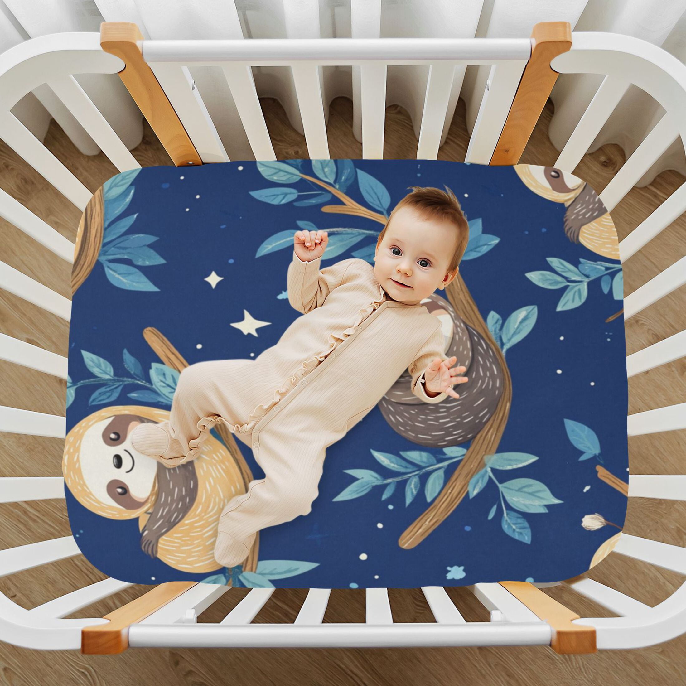 WOBOGO Cute Cartoon Sloth Pattern with Blue Background Baby Crib Sheets ...