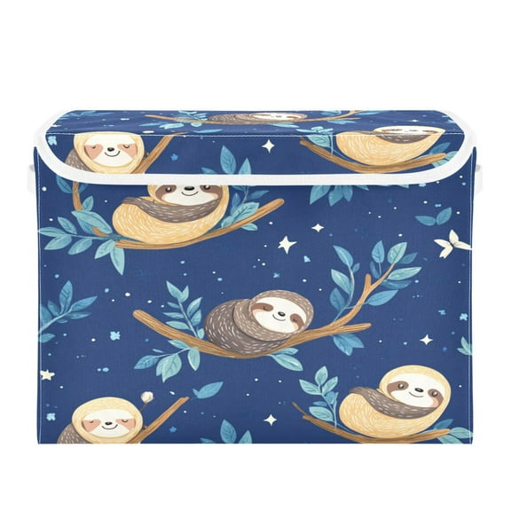 WOBOGO Cute Cartoon Sloth Pattern with Blue Background Large Collapsible Storage Box Flip Lid Fabric Decorative Organizer Container Basket with Handles 16.512.611.8in