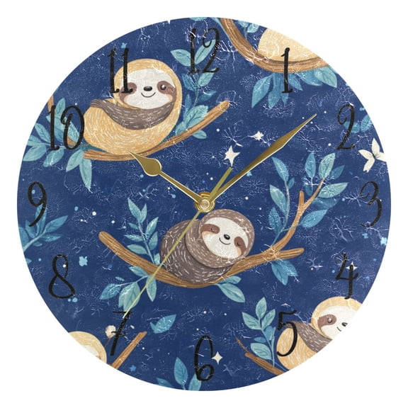 WOBOGO Cute Cartoon Sloth Pattern with Blue Background Wall Clock 10in Silent Mechanism Battery Operated Retro Style for Living Room Bedroom and Kitchen Gold Pointer