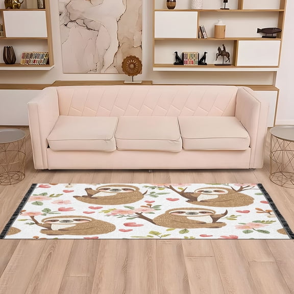 WOBOGO Cute Cartoon Sloth Pattern with Hearts and Flowers Bedside long rug delicate and soft modern indoor area decor non slip carpet for bed room corridor entrance balcony