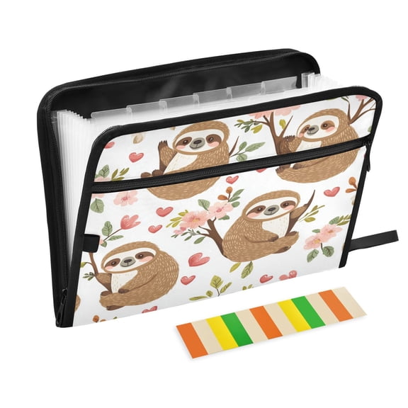 WOBOGO Cute Cartoon Sloth Pattern with Hearts and Flowers Expanding File Folder Letter Size Accordion Filing Organizer 13 Pocket Separate Organ Pocket