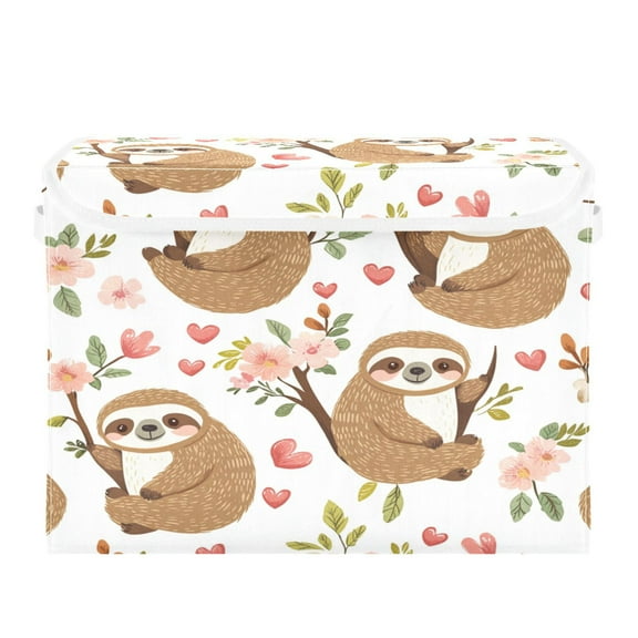 WOBOGO Cute Cartoon Sloth Pattern with Hearts and Flowers Large Collapsible Storage Box Flip Lid Fabric Decorative Organizer Container Basket with Handles 16.512.611.8in