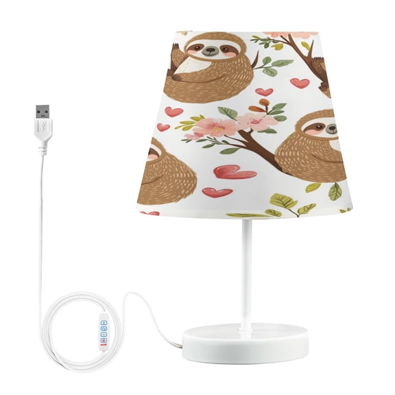 WOBOGO Cute Cartoon Sloth Pattern with Hearts and Flowers Table Lamps Bedroom 3-Speed Dimmable Farm Style with Fabric Shade for Reading and Home Office