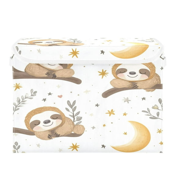 WOBOGO Cute Cartoon Sloth Pattern with Moon and Stars Large Collapsible Storage Box Flip Lid Fabric Decorative Organizer Container Basket with Handles 16.512.611.8in