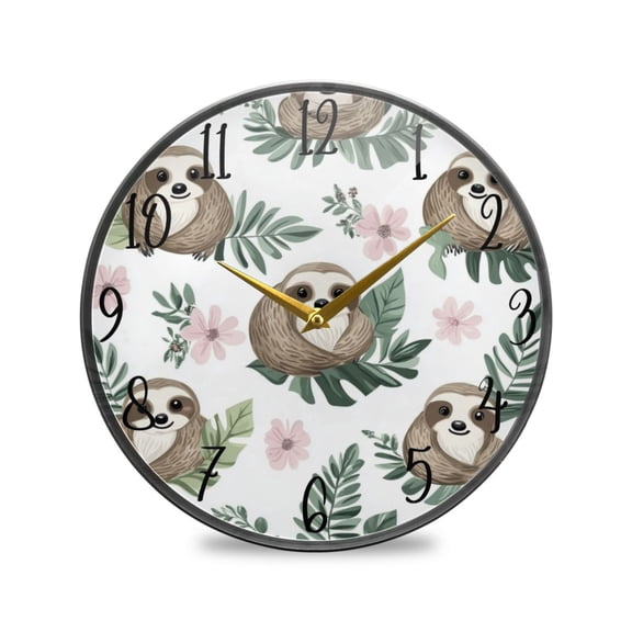 WOBOGO Cute Cartoon Sloth Pattern with Tropical Leaves Acrylic Wall Clock Battery Operated 9.5in Silent No Tick Bedroom Living Room Office Classroom Decoration