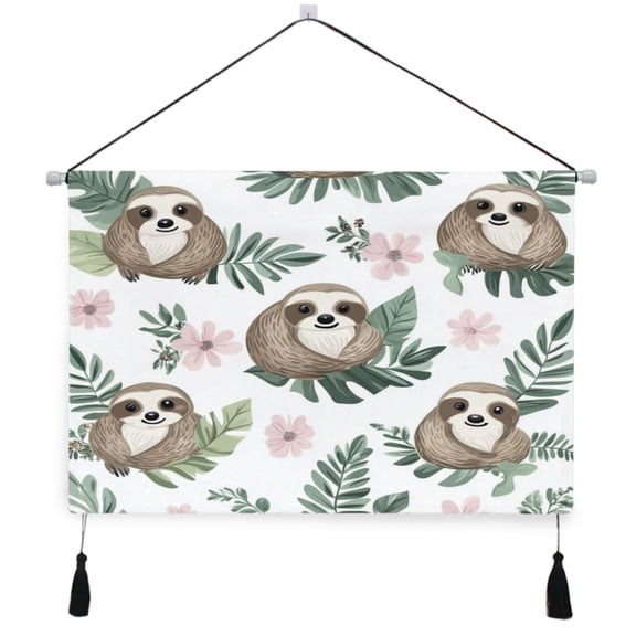 WOBOGO Cute Cartoon Sloth Pattern with Tropical Leaves Living Room Canvas Wall Art Bedroom Study Framed Canvas Print Artwork Home Office Decorations 24.516.7in