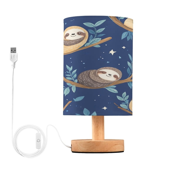 WOBOGO Cute Cartoon Sloth Pattern with Blue Background Bedroom Table Lamp USB Power Connector Wooden Base Round Linen Shade For Living Room Desk