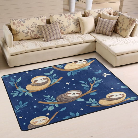 WOBOGO Cute Cartoon Sloth Pattern with Blue Background Carpet Non-Slip Rugs Soft Doormat 36×24in Living Dining Room Bedroom Decorative