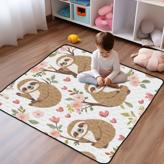 WOBOGO Cute Cartoon Sloth Pattern with Hearts and Flowers Baby Playmats Extra Large Waterproof Rollable Activity Pads for Toddlers 5050inch