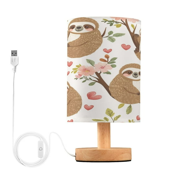 WOBOGO Cute Cartoon Sloth Pattern with Hearts and Flowers Bedroom Table Lamp USB Power Connector Wooden Base Round Linen Shade For Living Room Desk
