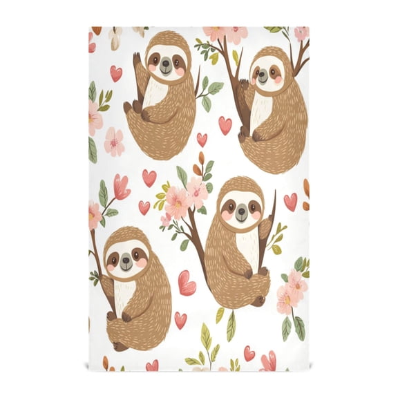 WOBOGO Cute Cartoon Sloth Pattern with Hearts and Flowers Kitchen Towel 1 Piece Large Cotton Dishcloth Premium Absorbency Set with Hanging Loop