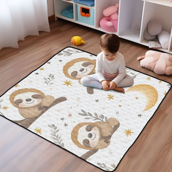 WOBOGO Cute Cartoon Sloth Pattern with Moon and Stars Baby Playmats Extra Large Waterproof Rollable Activity Pads for Toddlers 5050inch