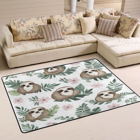 WOBOGO Cute Cartoon Sloth Pattern with Tropical Leaves Carpet Non-Slip Rugs Soft Doormat 36×24in Living Dining Room Bedroom Decorative
