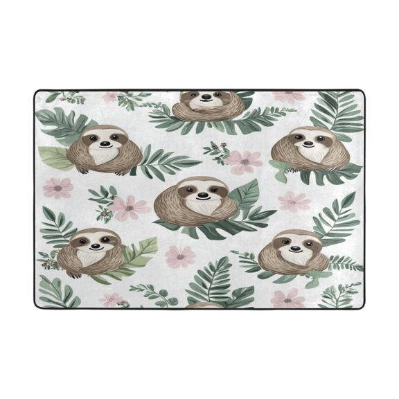 WOBOGO Cute Cartoon Sloth Pattern with Tropical Leaves Carpet Non-Slip Rugs Soft Doormat 72×48in Living Dining Room Bedroom Decorative