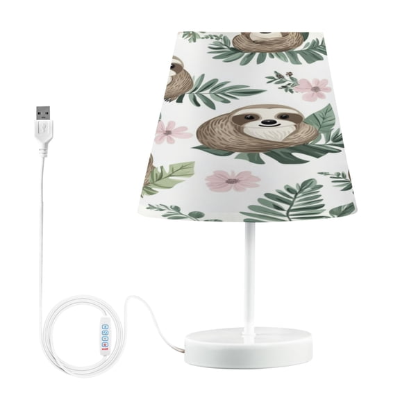 WOBOGO Cute Cartoon Sloth Pattern with Tropical Leaves Table Lamps Bedroom 3-Speed Dimmable Farm Style with Fabric Shade for Reading and Home Office