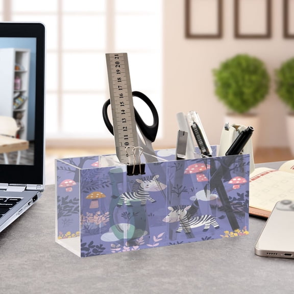 WOBOGO Cute Cartoon Zebra Pattern with Purple Background Acrylic Pen Holder 4 Compartments Clear Pencil Organizer Makeup Brush Storage Case