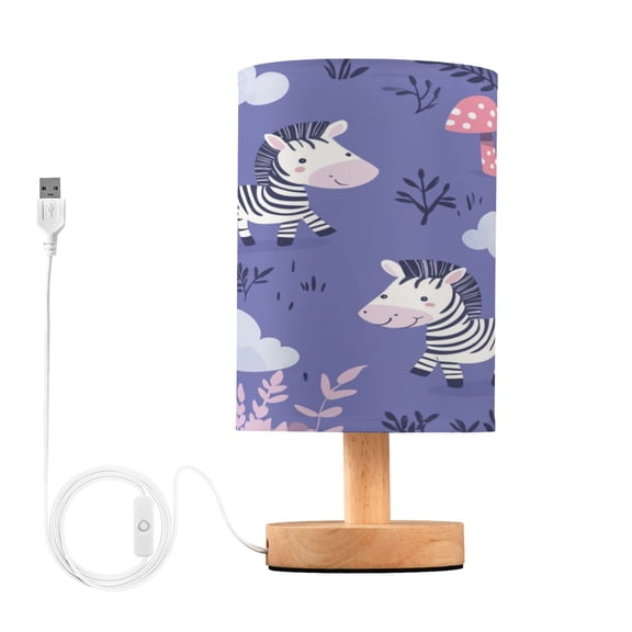 WOBOGO Cute Cartoon Zebra Pattern with Purple Background Bedroom Table Lamp USB Power Connector Wooden Base Round Linen Shade For Living Room Desk