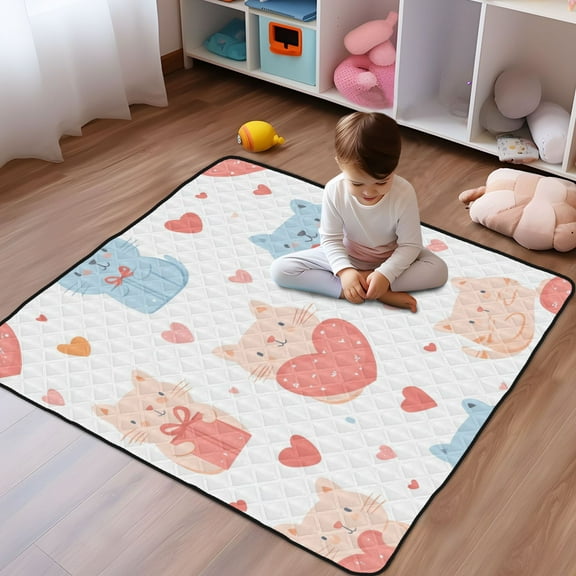 WOBOGO Cute Cat with Gift Box Pattern Baby Playmats Extra Large Waterproof Rollable Activity Pads for Toddlers 5050inch