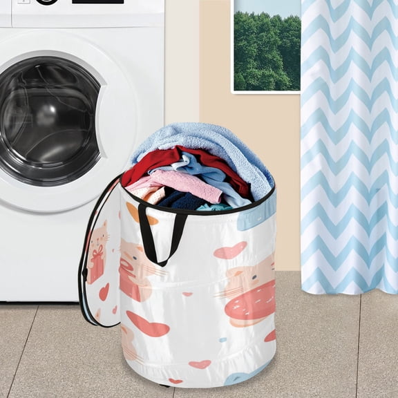 WOBOGO Cute Cat with Gift Box Pattern Foldable Laundry Baskets with Carry Handle Zipper Closure Travel Bathroom College Dorm Essentials