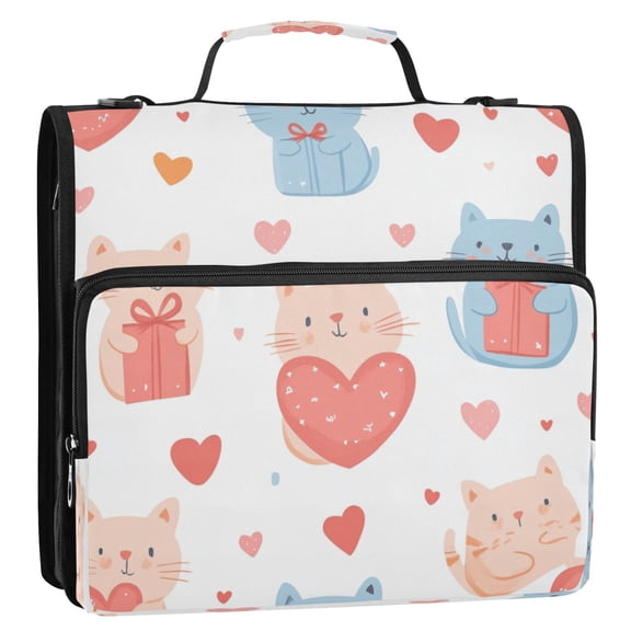 WOBOGO Cute Cat with Gift Box Pattern Ring Binder Bag 1.5in Folder Organizer with Shoulder Strap for 13Inch Laptop and 500 Sheets of Paper