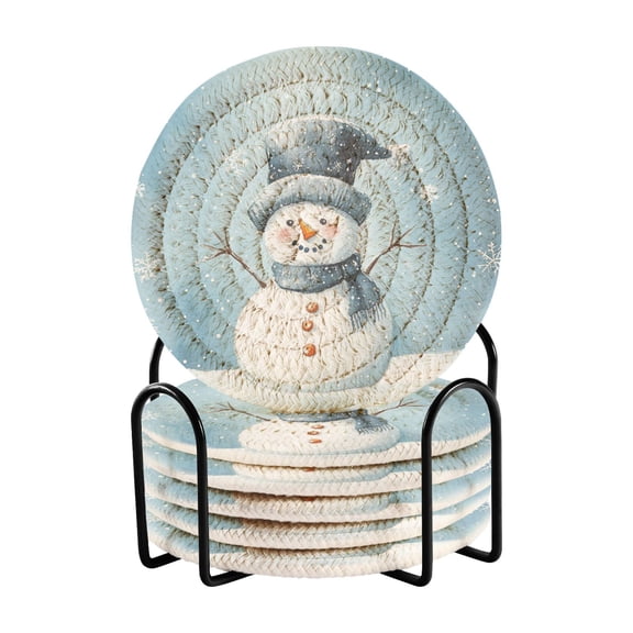 WOBOGO Cute Children's Book Illustration Style Snowman Coil Coasters Set of 6 Minimalist Cotton Woven 3.94 inch Non-Slip Insulated and Absorbent Home Accessories.