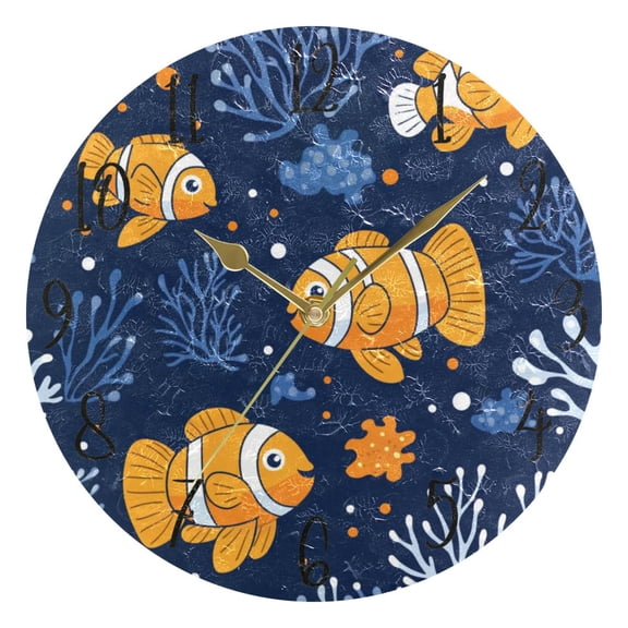 WOBOGO Cute Clownfish Pattern Wall Clock 10in Silent Mechanism Battery Operated Retro Style for Living Room Bedroom and Kitchen Gold Pointer