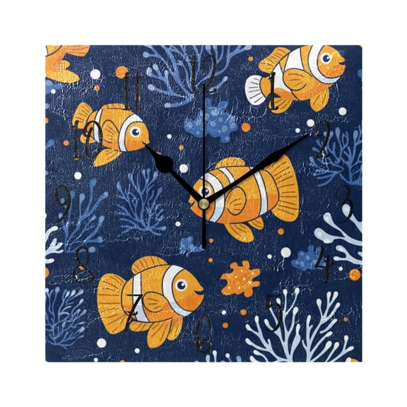 WOBOGO Cute Clownfish Pattern Wall Clock 7.78 Inch Battery Operated Silent Unit Square Rustic Vintage Style for Home Bedroom Office Black Pointer