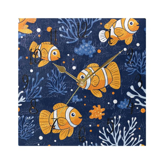 WOBOGO Cute Clownfish Pattern Wall Clock 7.78 Inch Battery Operated Silent Unit Square Rustic Vintage Style for Home Bedroom Office Gold Pointer