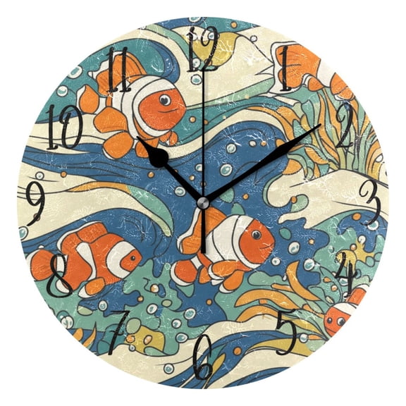 WOBOGO Cute Clownfish Patterns Wall Clock 10in Silent Mechanism Battery Operated Retro Style for Living Room Bedroom and Kitchen Black Pointer