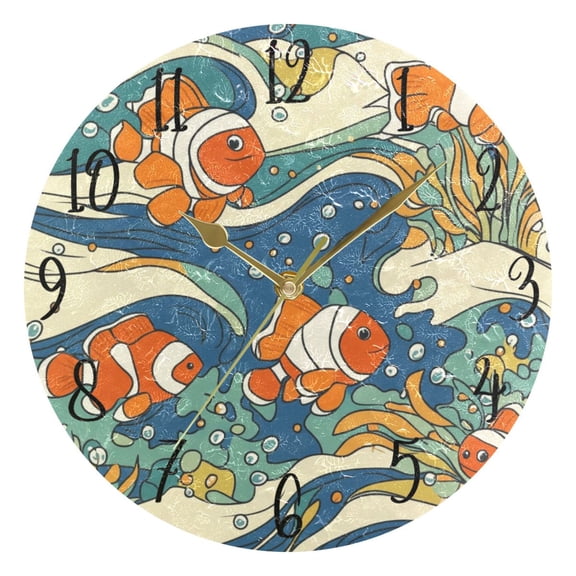 WOBOGO Cute Clownfish Patterns Wall Clock 10in Silent Mechanism Battery Operated Retro Style for Living Room Bedroom and Kitchen Gold Pointer
