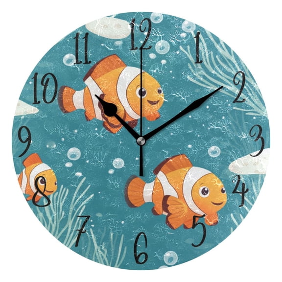 WOBOGO Cute Clownfish Wall Clock 10in Silent Mechanism Battery Operated Retro Style for Living Room Bedroom and Kitchen Black Pointer