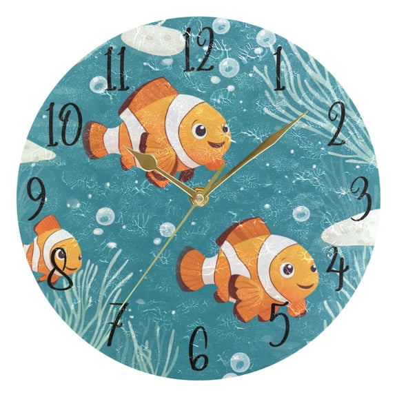 WOBOGO Cute Clownfish Wall Clock 10in Silent Mechanism Battery Operated Retro Style for Living Room Bedroom and Kitchen Gold Pointer