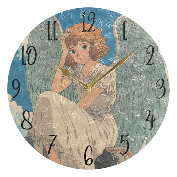 WOBOGO Cute Curly Angel Wall Clock 10in Silent Mechanism Battery Operated Retro Style for Living Room Bedroom and Kitchen Gold Pointer