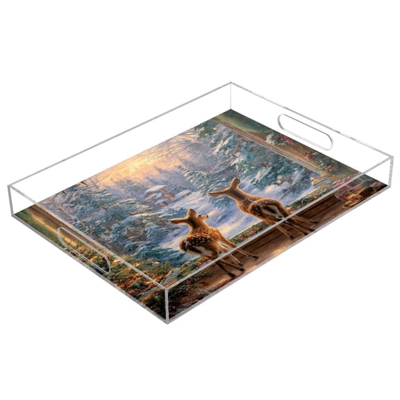WOBOGO Cute Deer Acrylic Serving Trays 15.7x11.8 Inch Spill Proof Clear Decorative Organizer with Handle